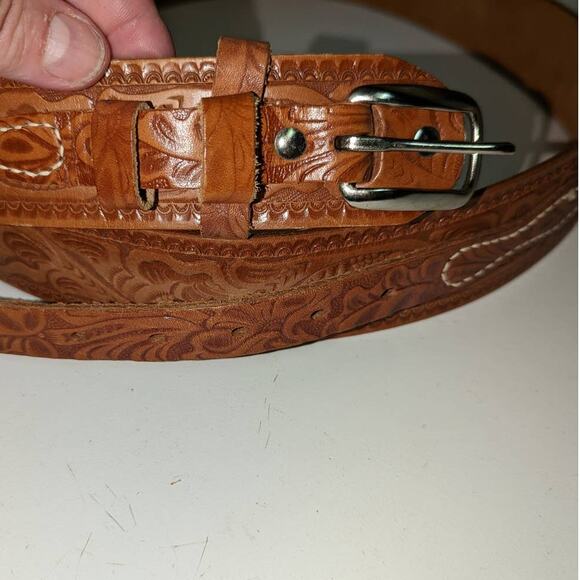 Vintage Hand Tooled Leather Belt Top Grain Steer Hide Tan Unisex - Picture 6 of 9